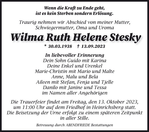 Wilma-Ruth-Helene Stesky, Traueranzeige - Abendfriede Bestattungen