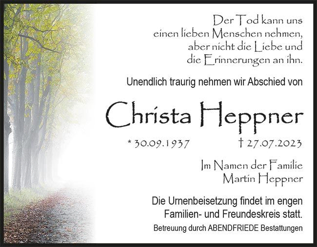 Christa Heppner Traueranzeige - Abendfriede Bestattungen