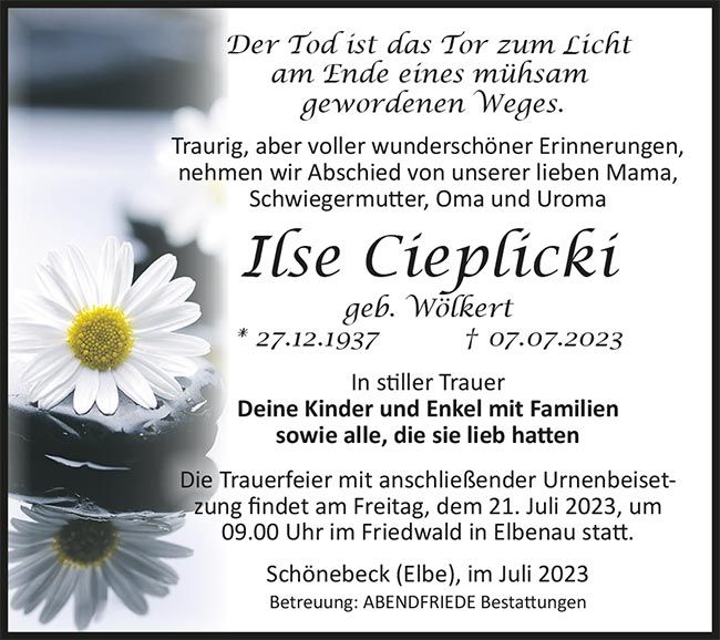 Ilse Cieplicki Traueranzeige - Abendfriede Bestattungen