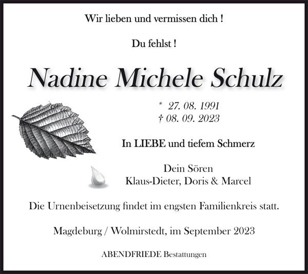  Schulz-Nadine-Michele Traueranzeige - Abendfriede Bestattungen