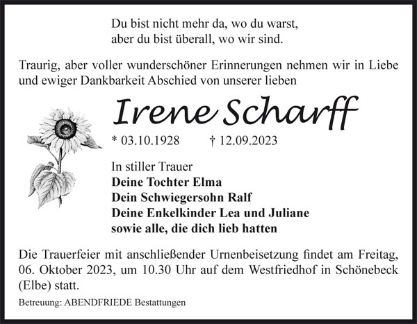Irene Scharff, Traueranzeige - Abendfriede Bestattungen