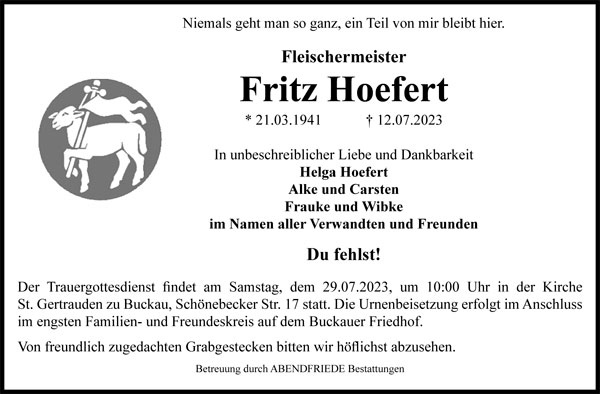 Fritz Hoefert Traueranzeige - Abendfriede Bestattungen
