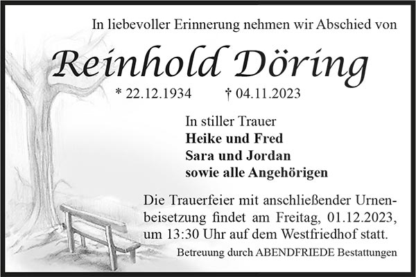 Reinhold Döring Traueranzeige - Abendfriede Bestattungen
