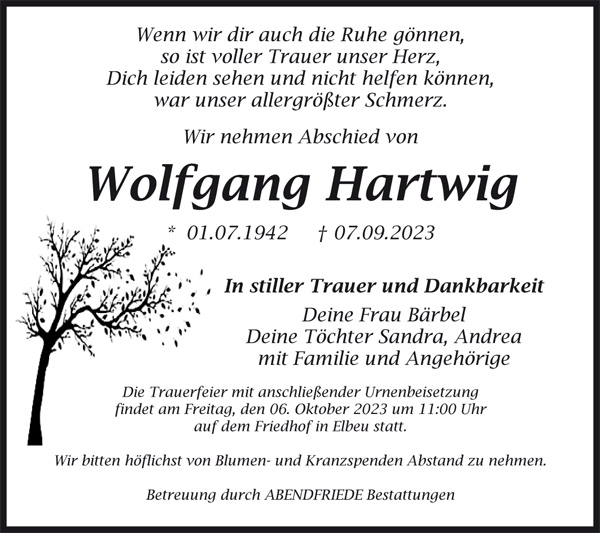 Hartwig-Wolfgang Traueranzeige - Abendfriede Bestattungen