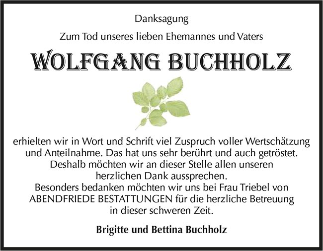 Wolfgang Buchholz Danksagung - Abendfriede Bestattungen