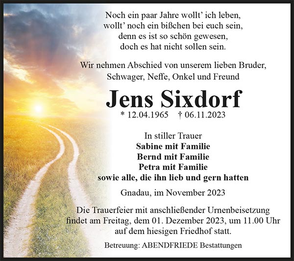Jens Sixdorf Traueranzeige - Abendfriede Bestattungen