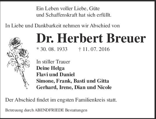 Dr. Herbert Breuer Gedenkanzeige