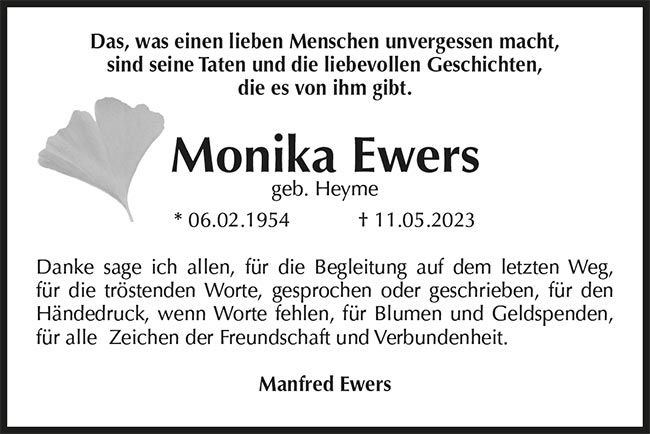 Monika Ewers Traueranzeige - Abendfriede Bestattungen