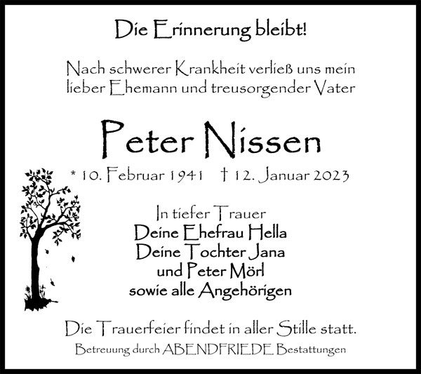Peter Nissen Traueranzeige - Abendfriede Bestattungen