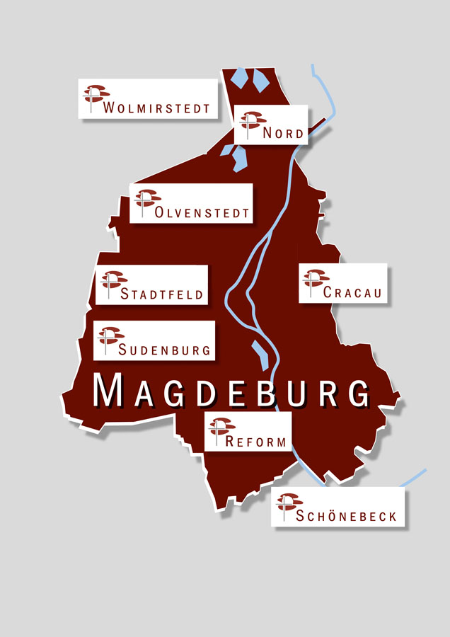 Karte von Magdeburg mit den Standorten von Abendfriede Bestattungen