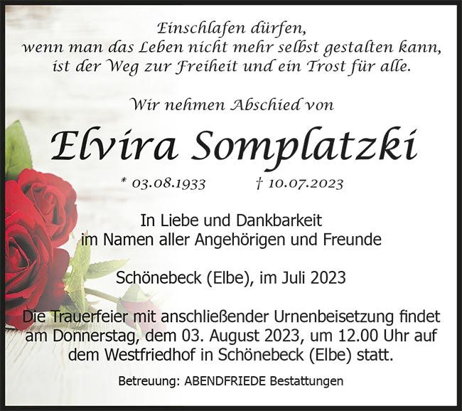 Elvira Somplatzki Traueranzeige - Abendfriede Bestattungen