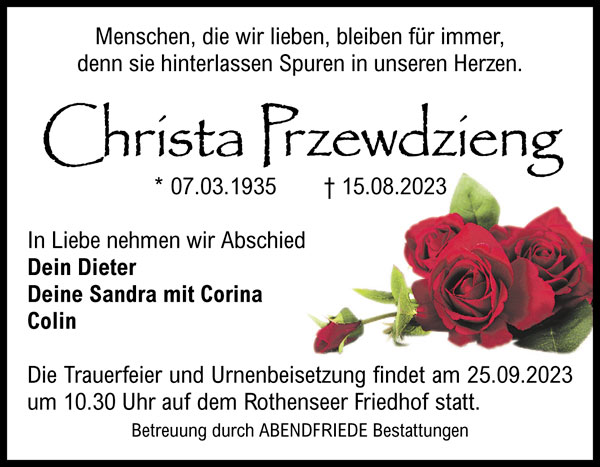 Christa Przewdzieng Traueranzeige - Abendfriede Bestattungen