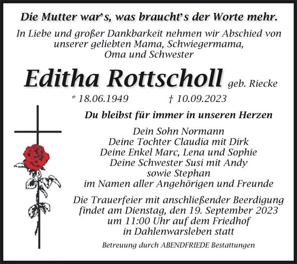 Rottscholl-Editha Traueranzeige - Abendfriede Bestattungen