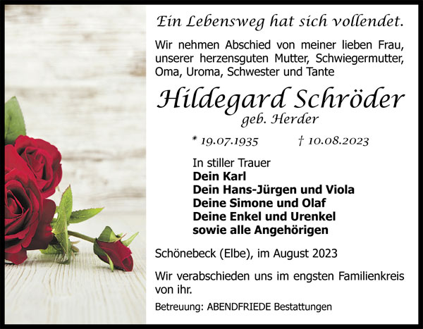 Hildegard Schröder Traueranzeige - Abendfriede Bestattungen