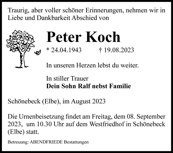 Peter Koch Traueranzeige - Abendfriede Bestattungen