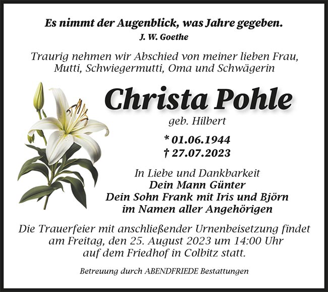 Christa Pohle Traueranzeige - Abendfriede Bestattungen