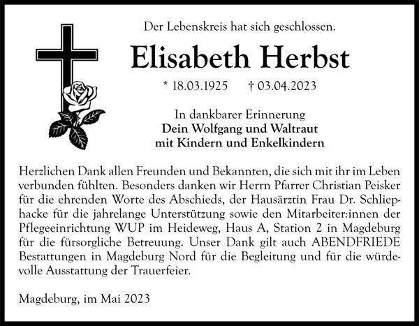 Elisabeth Herbst Traueranzeige - Abendfriede Bestattungen