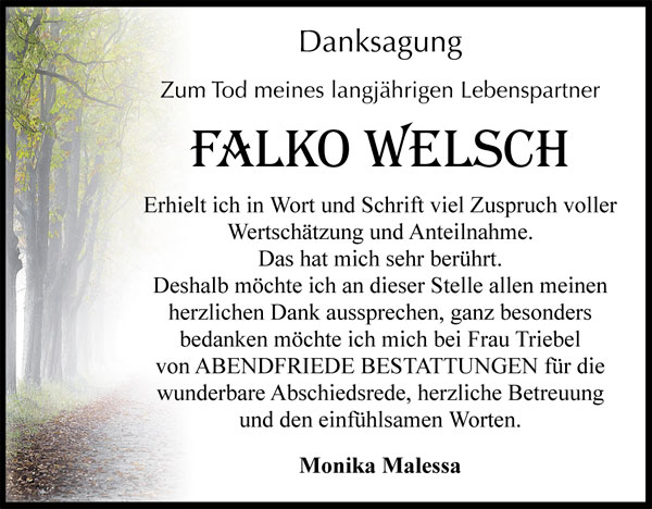 Falko Welch Traueranzeige - Abendfriede Bestattungen