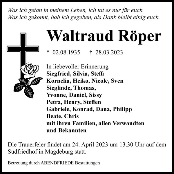 Waltraud Röper Traueranzeige - Abendfriede Bestattungen