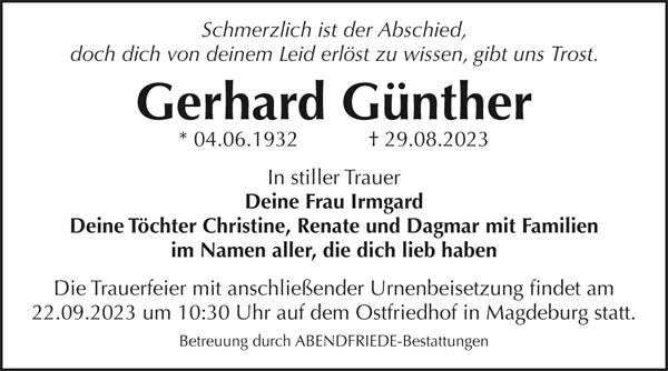 Günther, Gerhard Traueranzeige - Abendfriede Bestattungen