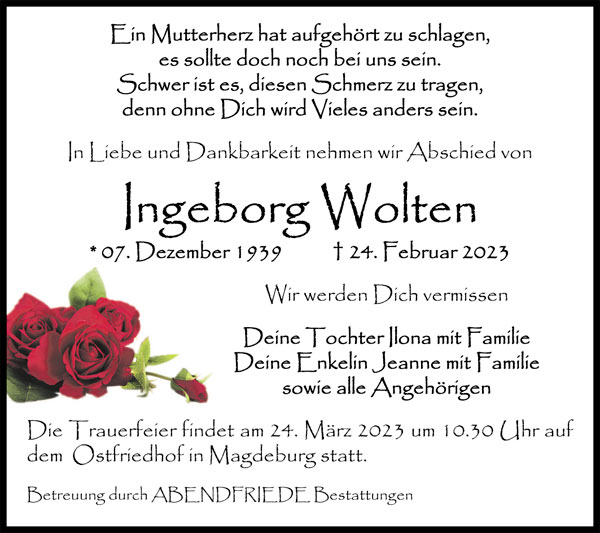 Ingeborg Wolten Traueranzeige - Abendfriede Bestattungen