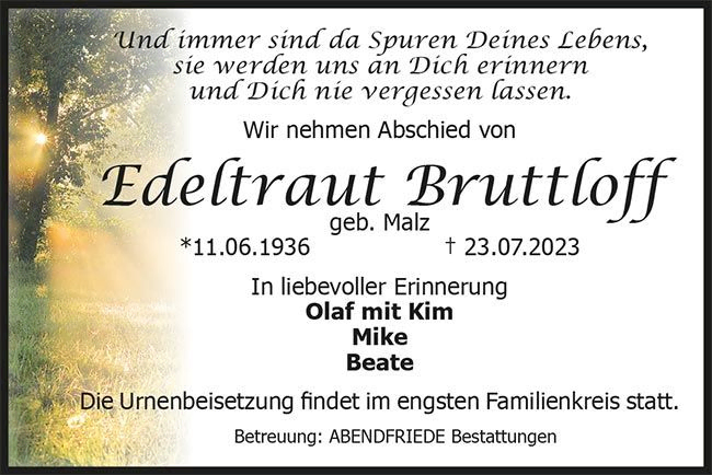 Edeltraut Bruttloff Traueranzeige - Abendfriede Bestattungen