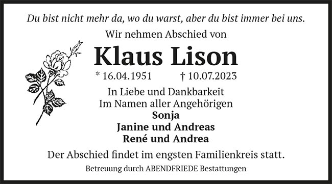 Klaus Lison Traueranzeige - Abendfriede Bestattungen
