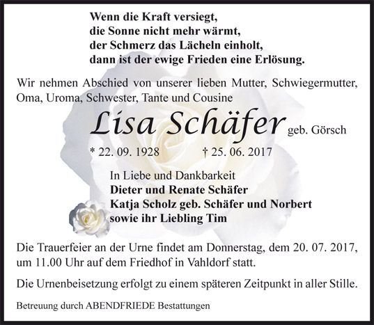 Trauerkarte Lisa Schäfer