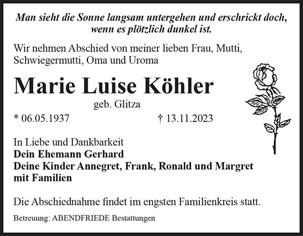 Marie Luise Köhler Traueranzeige - Abendfriede Bestattungen