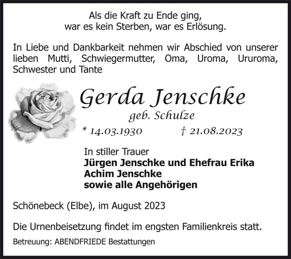 Jenschke, Gerda Traueranzeige - Abendfriede Bestattungen