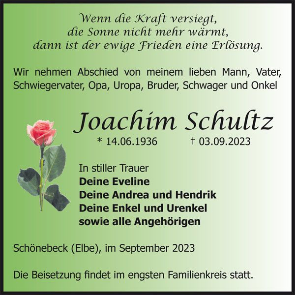  Joachim-Schultz, Traueranzeige - Abendfriede Bestattungen