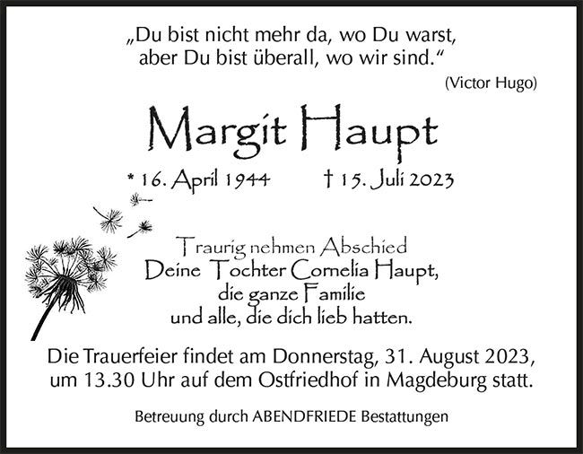 Margit Haupt Traueranzeige - Abendfriede Bestattungen