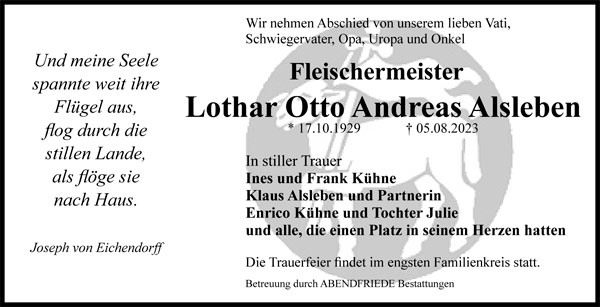 Lothar Otto Andreas Alsleben Traueranzeige - Abendfriede Bestattungen