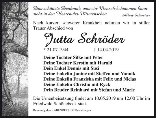 Traueranzeige Jutta Schröder