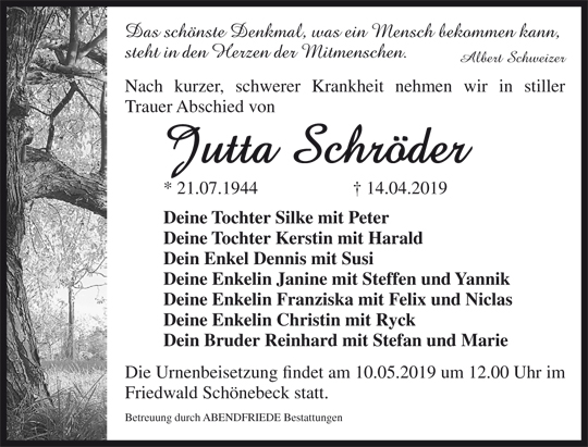 Traueranzeige Jutta Schröder