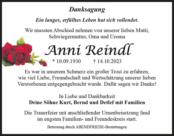 Anna Esther Reindl Danksagung - Abendfriede Bestattungen