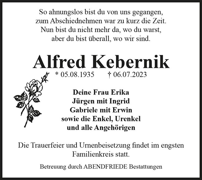 Alfred Kebernik Traueranzeige - Abendfriede Bestattungen