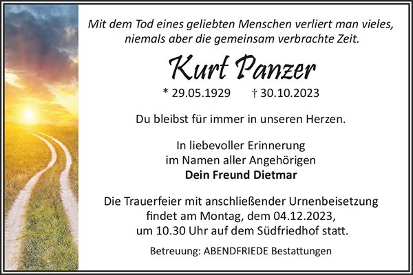 Kurt Panzer Traueranzeige - Abendfriede Bestattungen