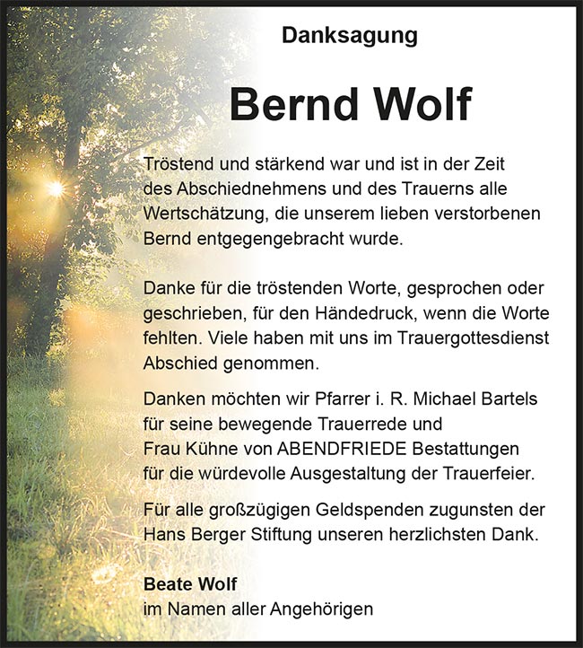 Bernd Wolf Danksagung - Abendfriede Bestattungen