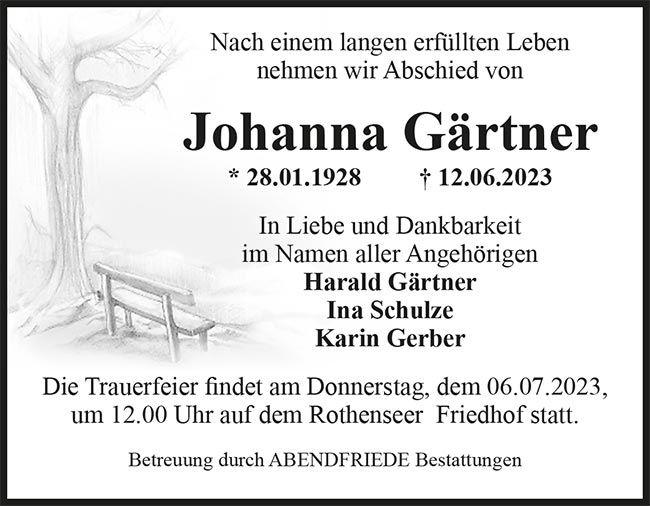 Johanna Gärtner Traueranzeige - Abendfriede Bestattungen