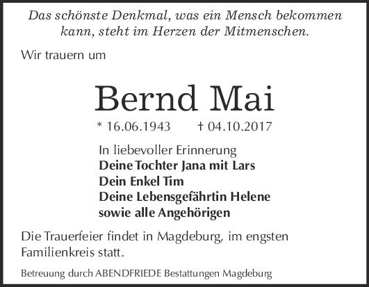 Trauerkarte Bernd Mai