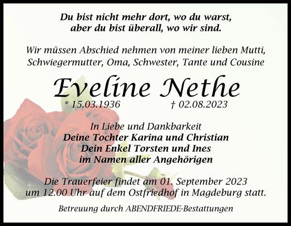 Eveline Nethe Traueranzeige - Abendfriede Bestattungen