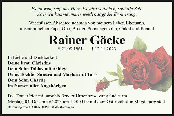 Rainer Göcker Traueranzeige - Abendfriede Bestattungen